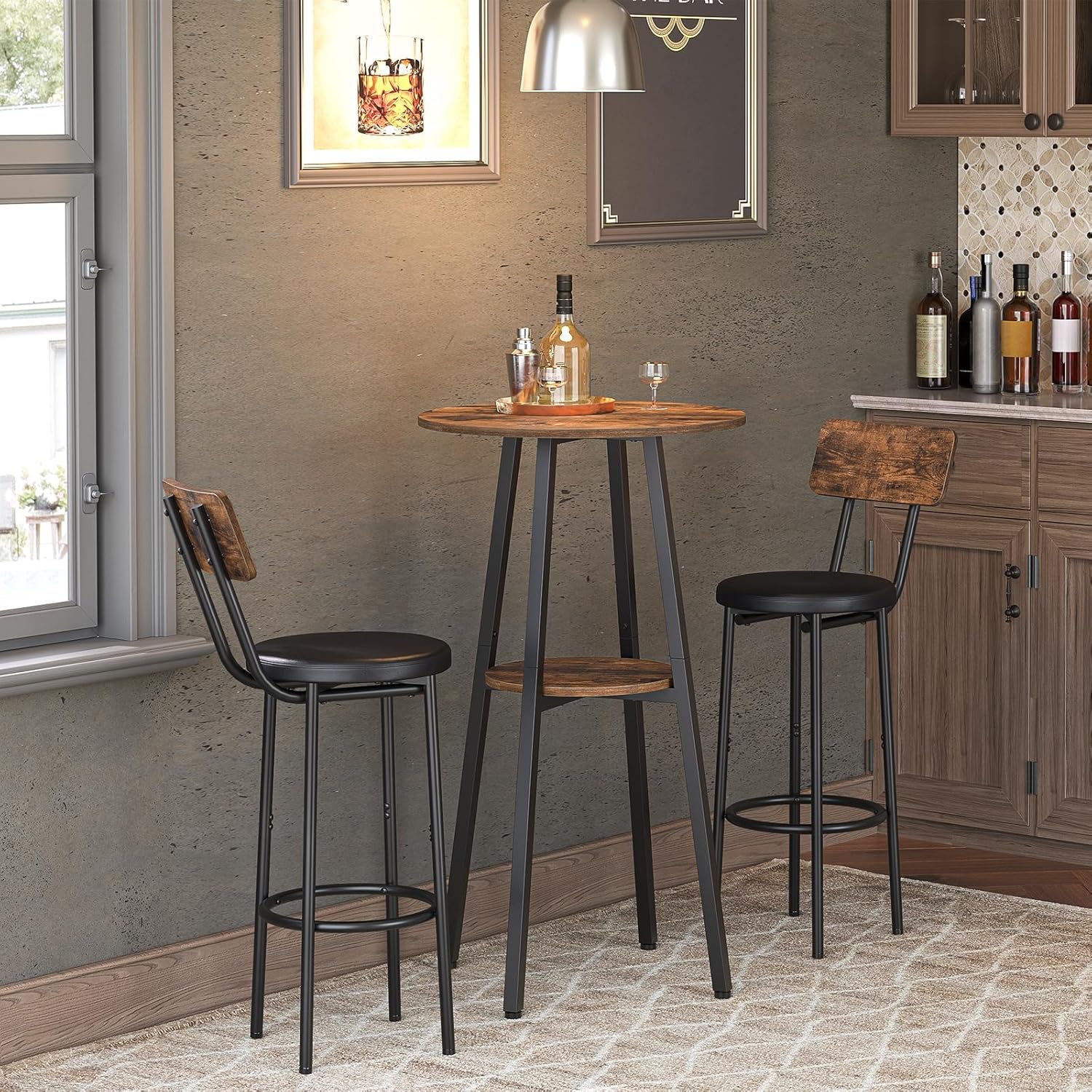 HOOBRO Bar Table, Round Pub Table, 2-Tier with Storage, 37.4" High Top for Small Spaces, with Top Particleboard for Kitchen, Easy to Assemble, Rustic Brown BF55BT01