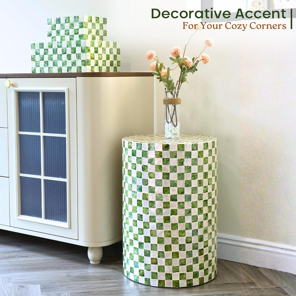 Chi An Home 19.3” Checkered Capiz Shells Drum End Table, Decorative Cylinder Side Table & Garden Stool, Round Pedestal Accent Table for Living Room, Bedroom, Indoor & Outdoor (Pistachio Green)