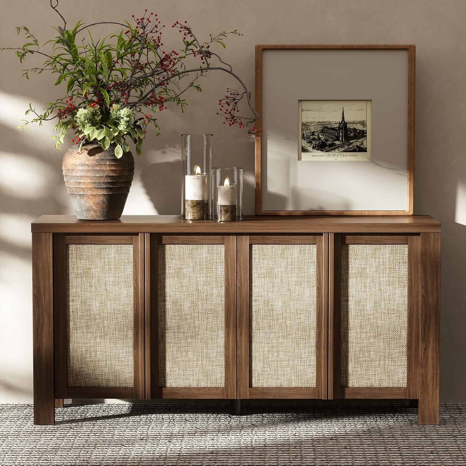 Yechen Buffet Cabinet with Storage, 63" Wide Sideboard with Solid Wood Handles and Rattan Look Accent Doors, Flexible Shelves, for Living Room, Kitchen, Dark Walnut