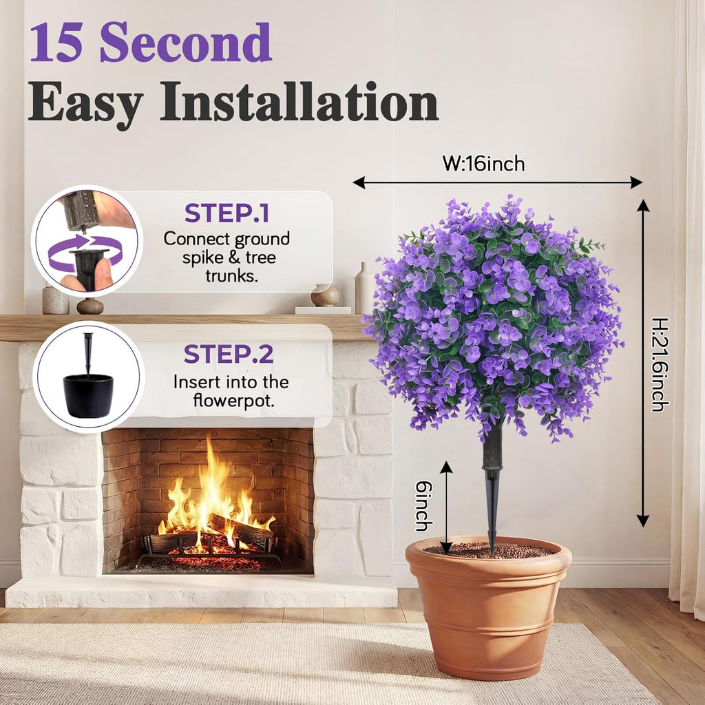PATIO CHOICE Topiary Trees Artificial Outdoor Boxwood Ball Trees with Lavender Set of 2 22" Artificial Faux Plants Realistic Bushes Fake Shrubs Decorations for Outdoor Indoor Front Porch Garden
