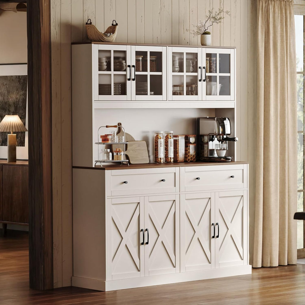 PRAISUN 71''H x 55.1''W Pantry Cabinet with Charging Station, 4 Wide Cabinets Kitchen Pantry with 2 Drawers, Farmhouse Hutch Storage Cabinet, Tall Coffee Bar, Acrylic Door, Adjustable Shelves, White