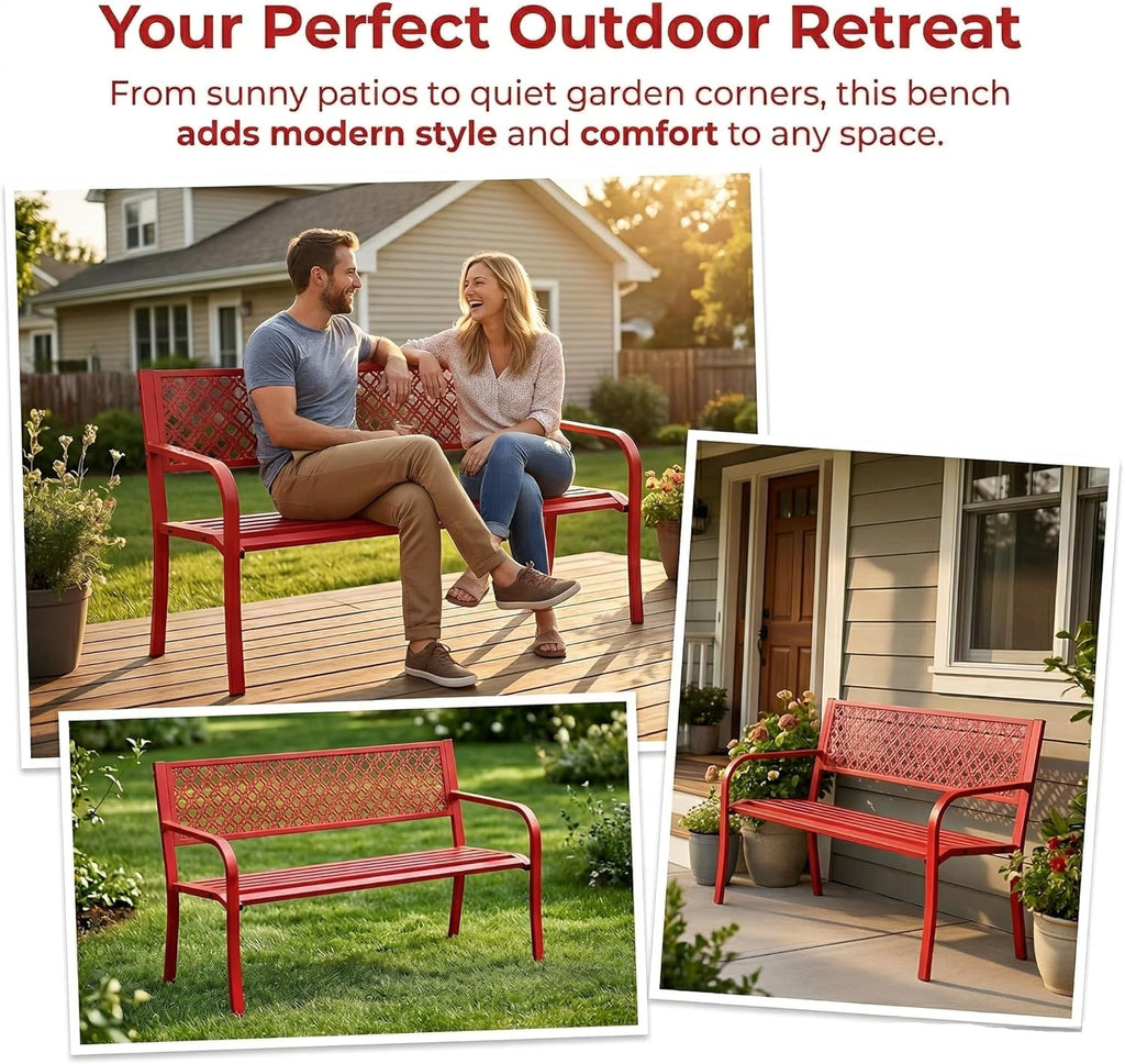 IDEALHOUSE Outdoor Metal Garden Bench 2 Person, 790 Lbs Heavy Duty Steel Patio Bench with Geometric Backrest, Weather Resistant Red Outdoor Seating for Porch, Yard, Deck, Entryway