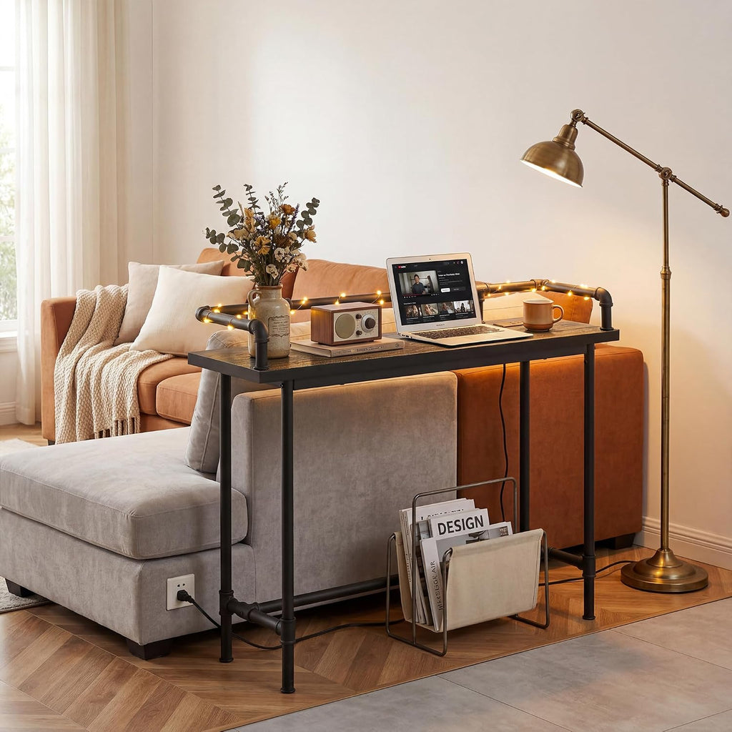 VECELO Narrow Sofa Table with Outlets & USB Ports, Industrial-Style Behind-Couch Table for Entryway, Hallway, Living Room, Bedroom, 39 Inch, Grey Oak