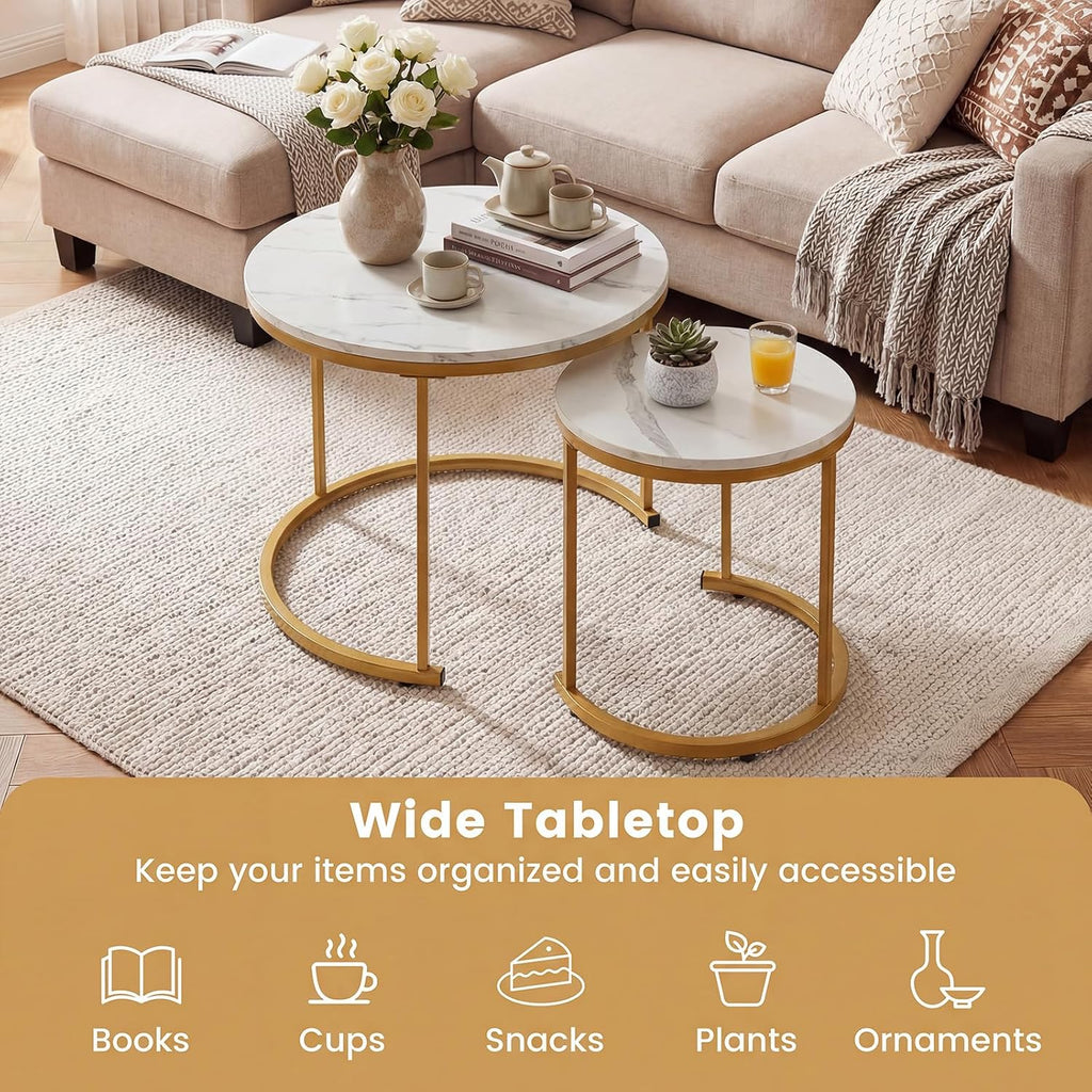 GOFLAME Nesting Coffee Tables Set of 2, Stacking Round Center Table with Wooden Tabletop & Powder Coated Steel Frame, Living Room Coffee End Table Set for Apartment, Bedroom (White & Gold)