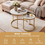 GOFLAME Nesting Coffee Tables Set of 2, Stacking Round Center Table with Wooden Tabletop & Powder Coated Steel Frame, Living Room Coffee End Table Set for Apartment, Bedroom (White & Gold)