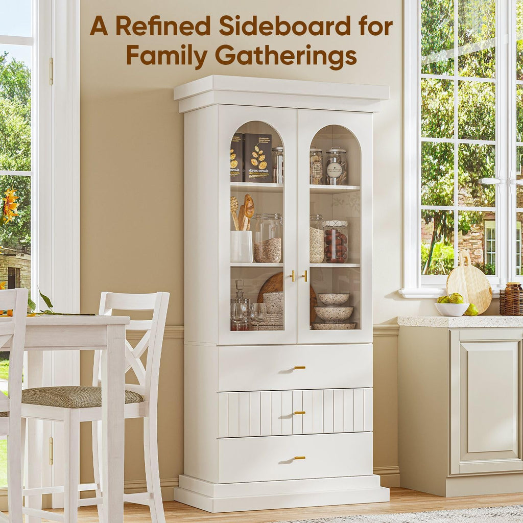 Vyre 71" Arched Kitchen Cabinet with Glass Doors, Tall Display and Storage Cabinet with Drawers for Dining Room or Living Room, Modern Pantry Cabinet with Gold Handles, White