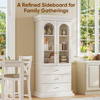 71" Arched Kitchen Cabinet, Double Glass Door Display and Storage Cabinets with Drawers, Modern Pantry for Dining Room and Living Room, White with Gold Handles, 2 of Set