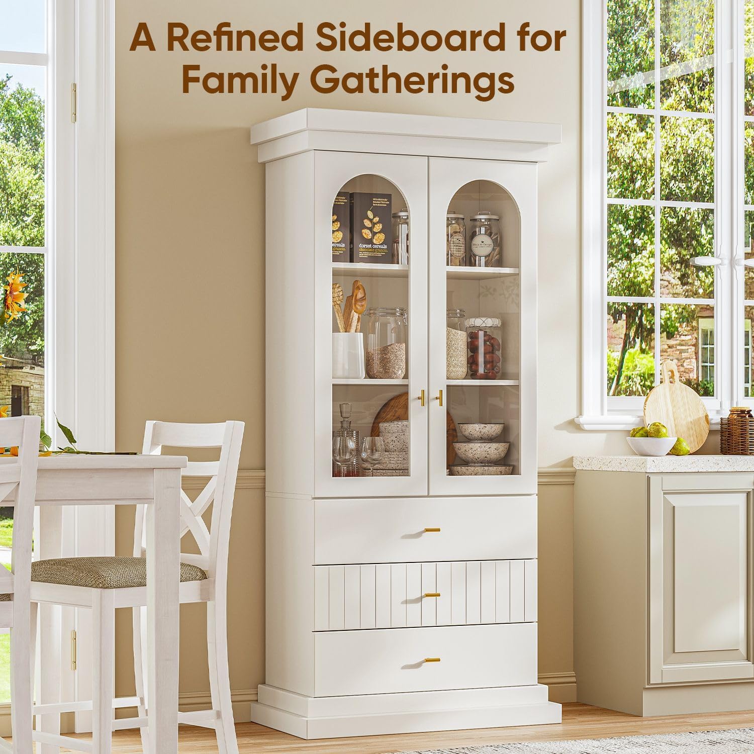 71" Arched Kitchen Cabinet, Double Glass Door Display and Storage Cabinets with Drawers, Modern Pantry for Dining Room and Living Room, White with Gold Handles, 2 of Set