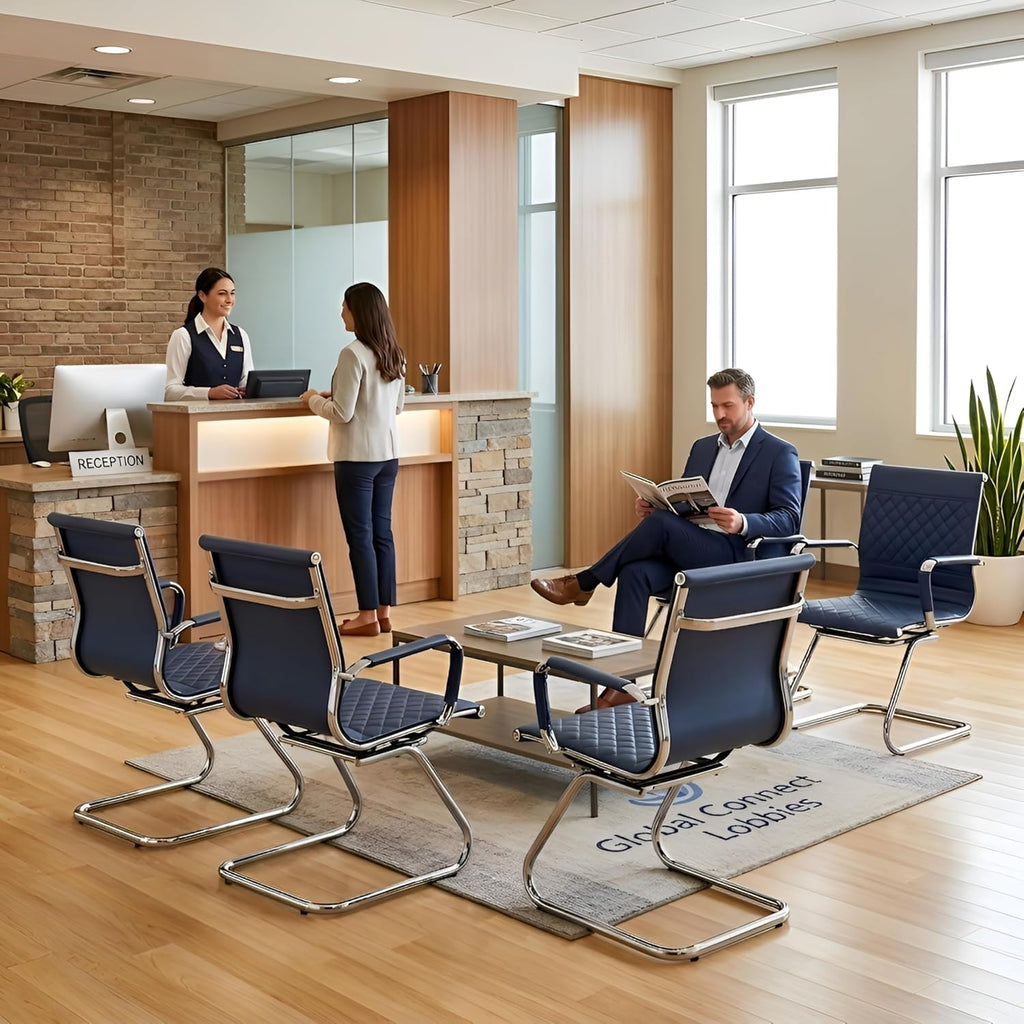 HNY Office Desk Chair No Wheels Set of 8 - PU Leather Waiting Room Chairs with Arms - Conference Room Chairs 400LB Capacity Sled Base, Reception Chair for Home Office, Lobby, School Navy Blue
