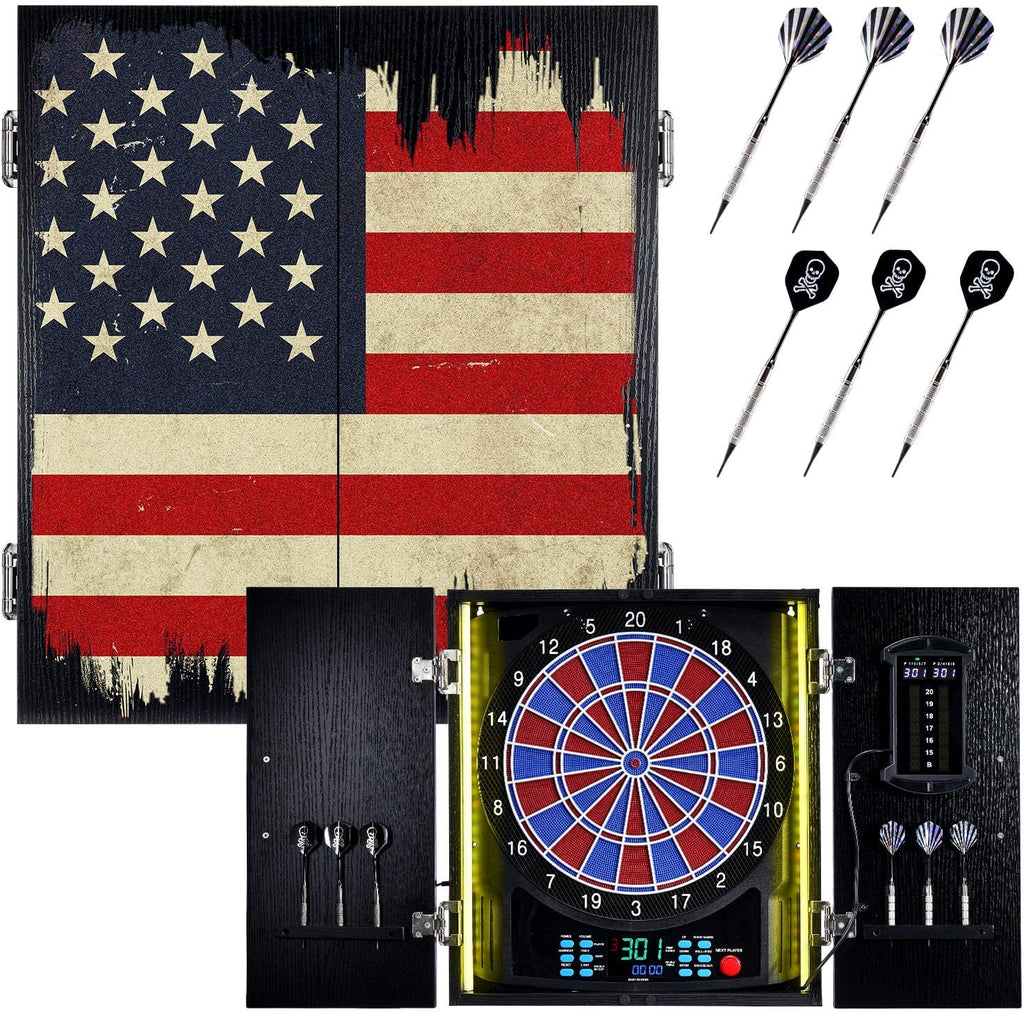 Electronic Dart Board, Electric Dartboard Cabinet Set for Adults [6 Soft Tip Darts] Individual Light Color for Each Player, Wooden Dartboard Cabinet for Family Game