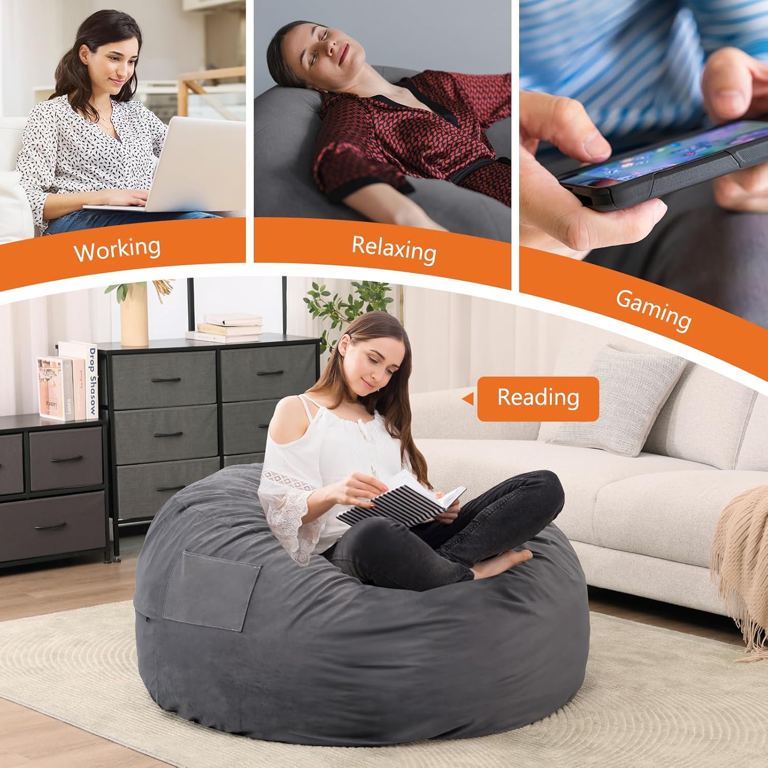 Sweetcrispy Bean Bag Chairs, 4Ft Bean Bags for Adults, Large Oversized Beanbag Chair with Memory Foam Filled and Soft Removable Washable Cover, Comfy Sofa for Living Room Bedroom Dorm, Dark Grey