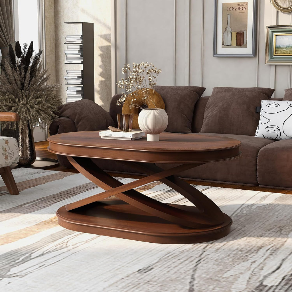 Retro Coffee Table Sets 3 s, Wood Living Room Table Set Include 44" Oval Coffee Table, Round End Table Set of 2, Walnut