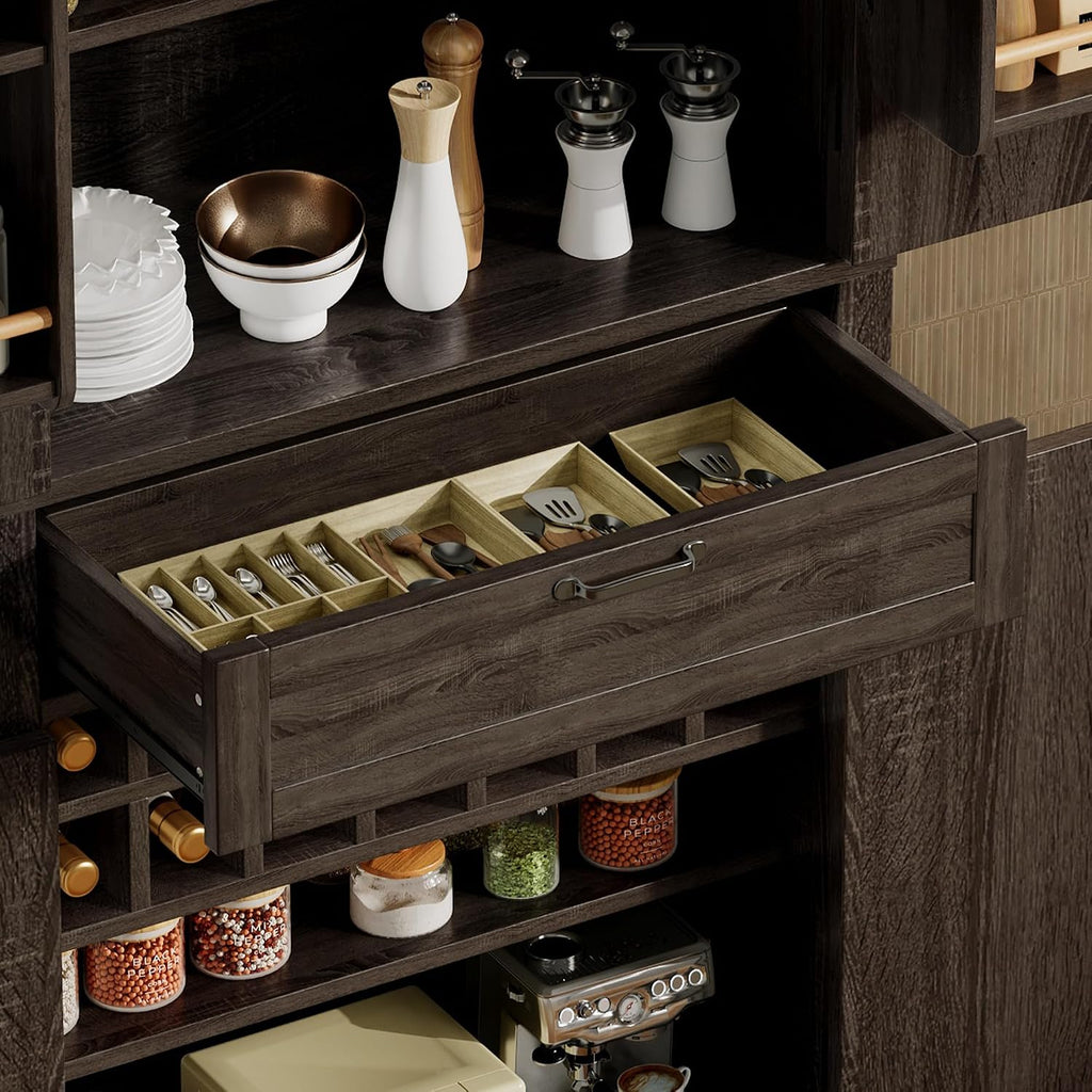 Ball & Cast Farmhouse Kitchen Pantry Cabinet, Brown, 71 Inch | Adjustable shelves, microwave shelf, wine rack & drawer storage