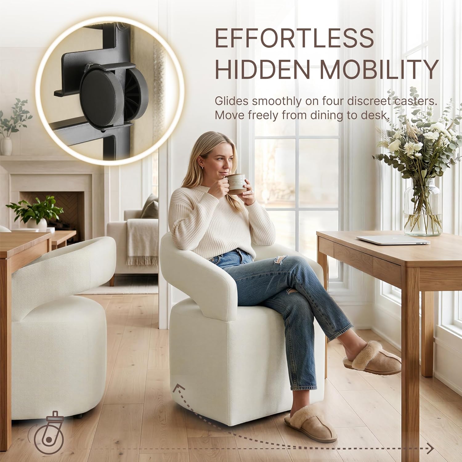 KISLOT Upholstered Dining Chairs Set of 1, Modern Arm Kitchen & Dining Room Chairs with Hidden Casters, Linen Fabric Padded Rolling Chairs, Sturdy Wood Frame, 300 lbs Capacity, Cream Beige