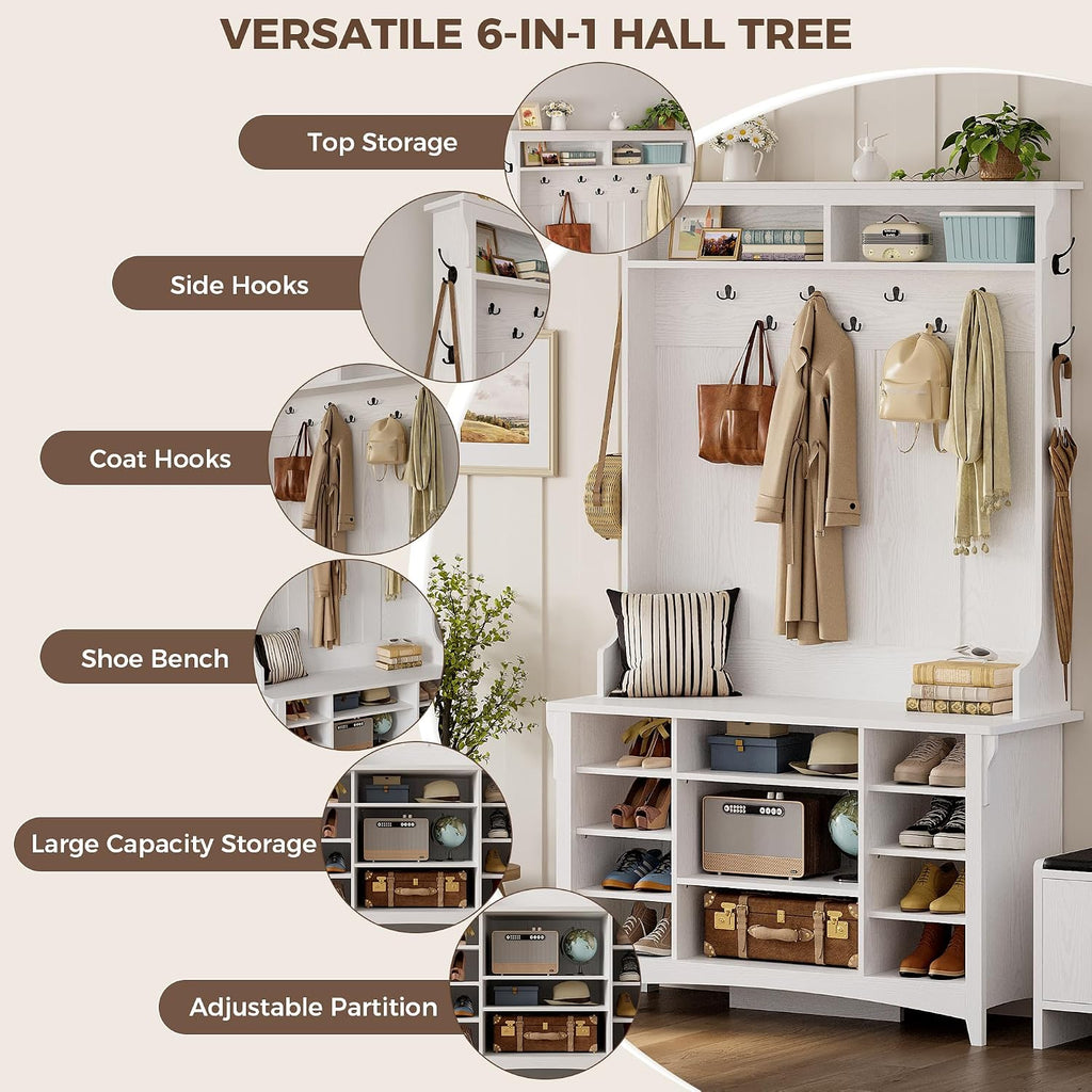IRONCK 80" H 47" W Large Hall Tree with Bench and Shoe Storage, 6-in-1 Entryway Bench with Coat Rack, Adjustable Shelf, Hanging Hooks, 11 Shoe Cubby, 2 Tier Top Storage for Entryway and Bedroom, White