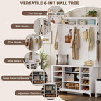 IRONCK 80" H 47" W Large Hall Tree with Bench and Shoe Storage, 6-in-1 Entryway Bench with Coat Rack, Adjustable Shelf, Hanging Hooks, 11 Shoe Cubby, 2 Tier Top Storage for Entryway and Bedroom, White