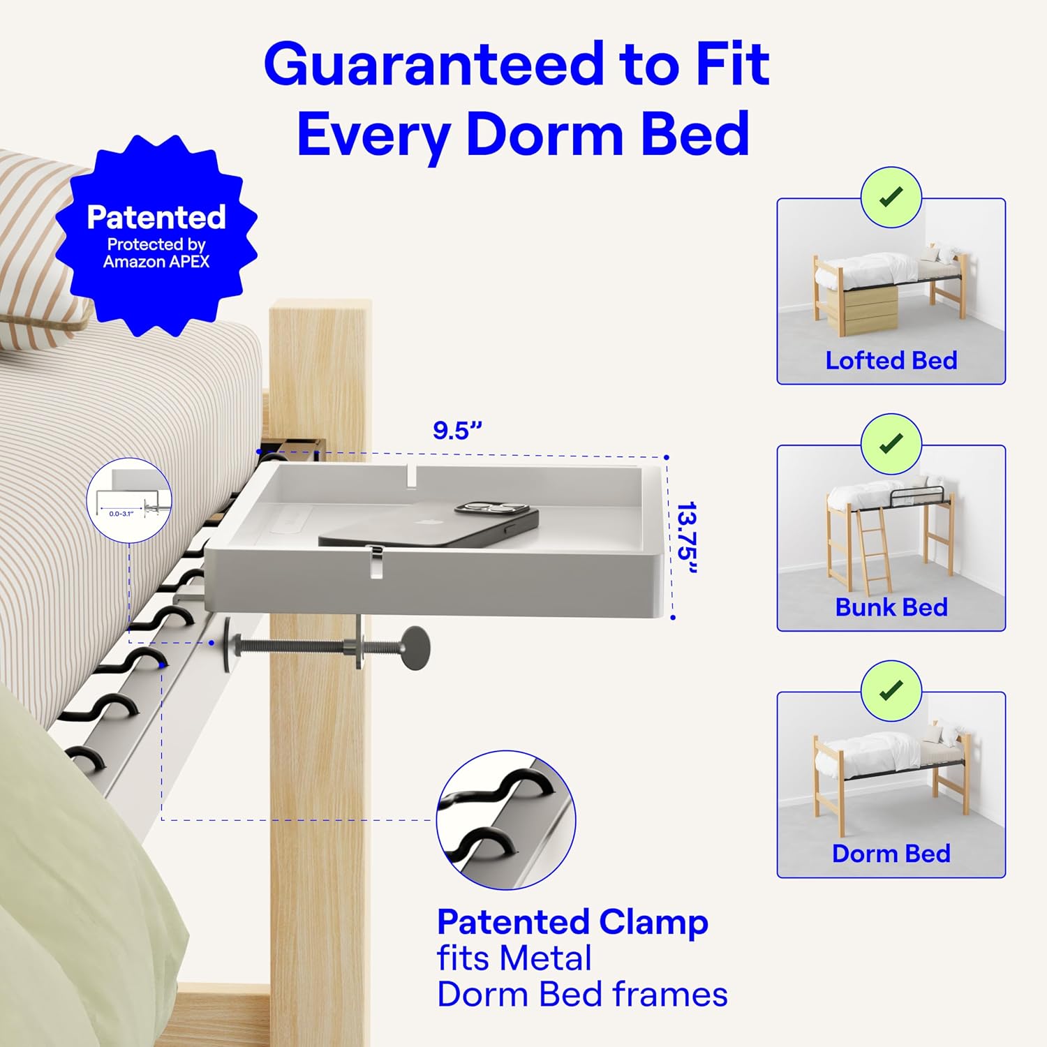 BedShelfie Wood Bedside Shelf for Dorm Room - White | Bunk Bed & Top Bunk, College Dorm Room Essentials, Loft Nightstand, Floating Bed Side Table Tray, By Smallish