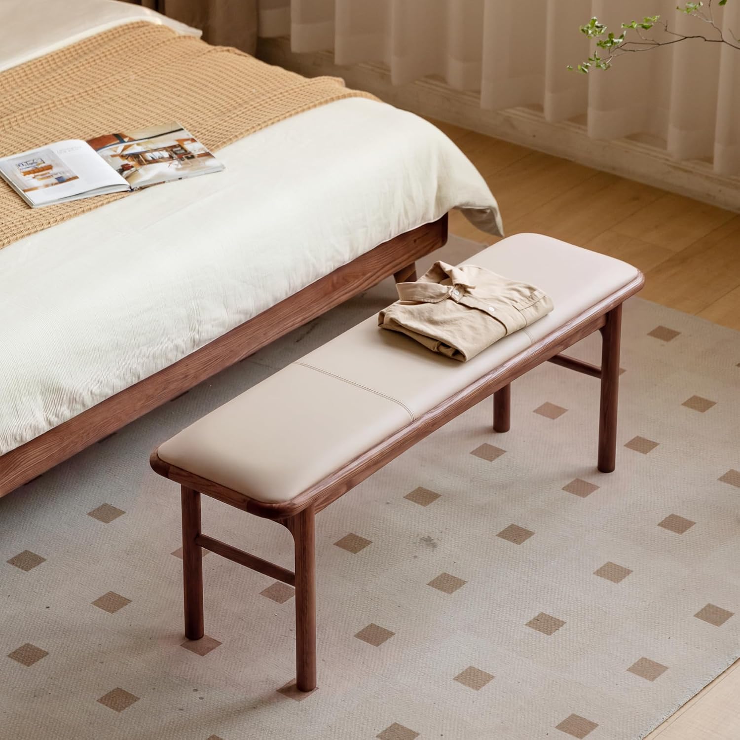 47" Solid Oak Dining Bench with Faux Leather Upholstered Seat, Mid Century Modern Entryway Bench, 13" Wide Padded Bed End Bench for Dining Room Kitchen Bedroom Hallway, Beige