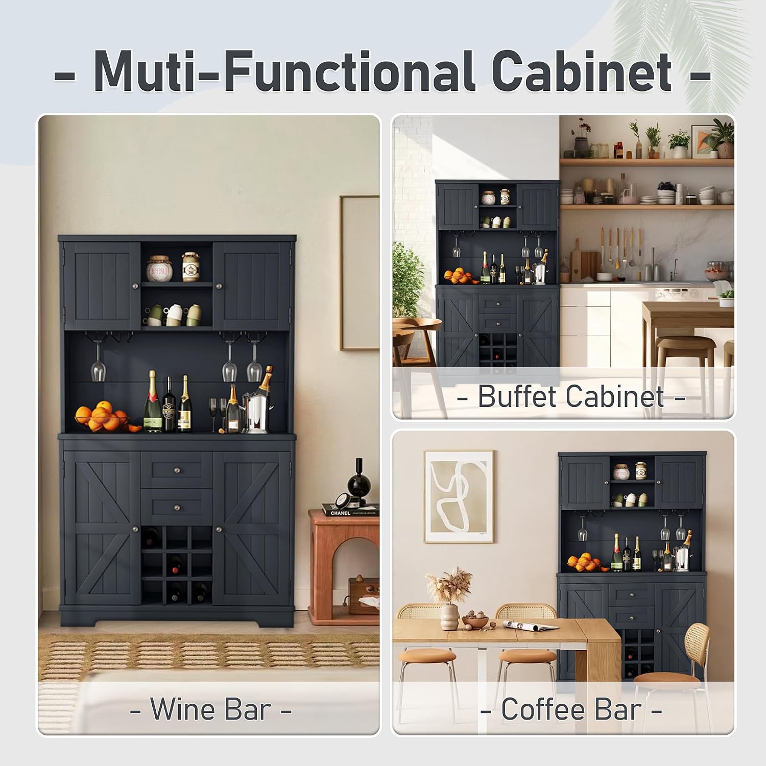 Farmhouse Kitchen Buffet Cabinet with Storage, Dark Blue Food Pantry Organizer with Wine Racks, Glass Shelves & Drawers for Dining Room