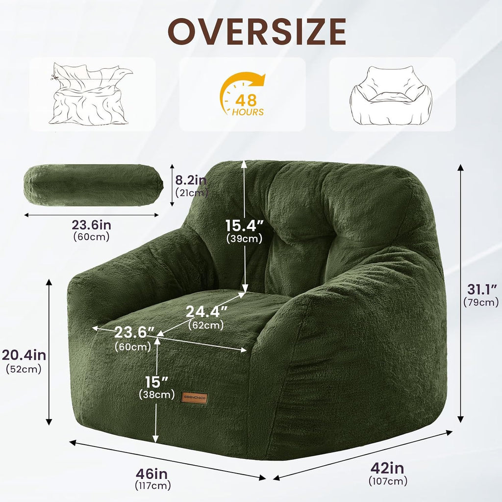 EBENCHICO Giant Bean Bag Chair with Lumbar Pillow & Armrests, Oversized Green Faux Fur Bean Bag Couch with Filler for Adults, Floor Reading Chair for Living Room Bedroom
