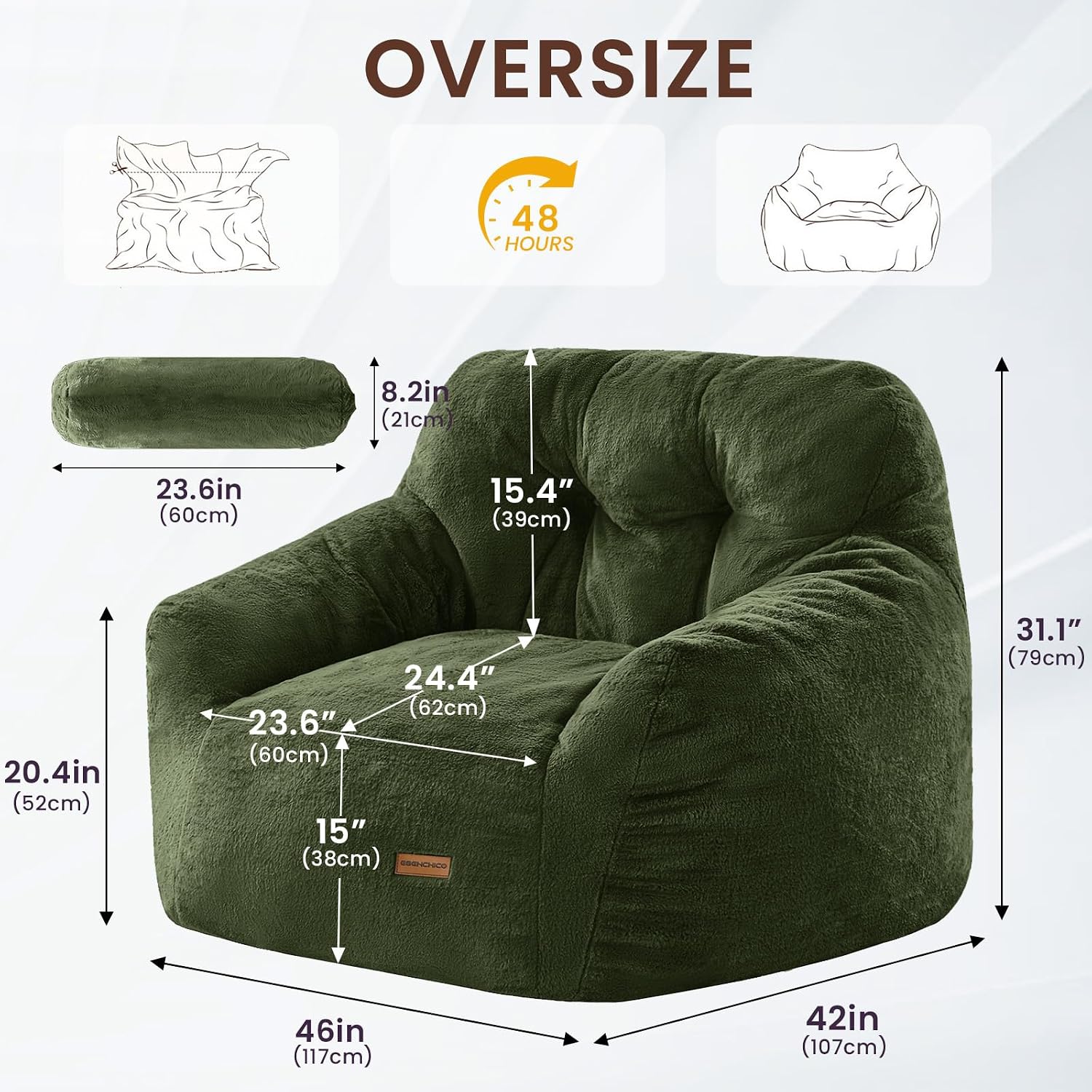 EBENCHICO Giant Bean Bag Chair with Lumbar Pillow & Armrests, Oversized Green Faux Fur Bean Bag Couch with Filler for Adults, Floor Reading Chair for Living Room Bedroom