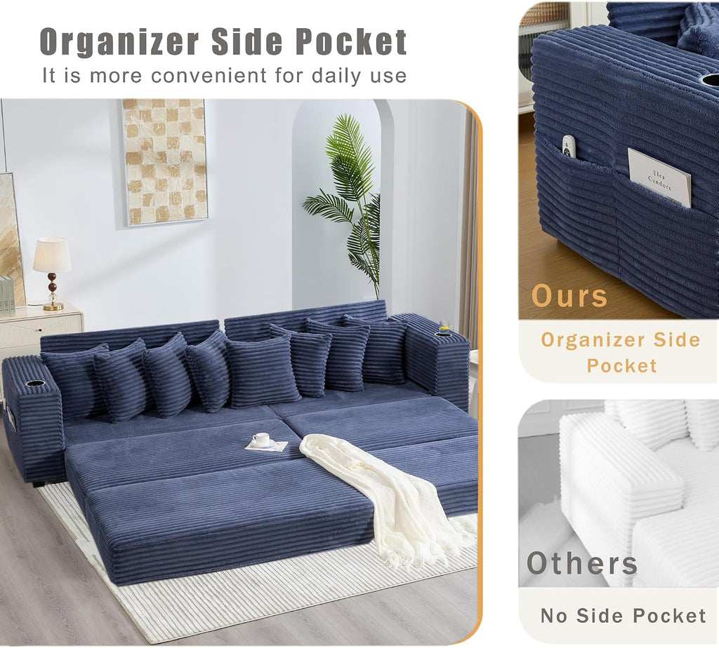Modular Sectional Sofa Couch, 110.75" Convertible Sleeper Sofa Bed with Movable Ottoman & Cup Holder for Living Room | L Shaped Couch | Pull Out Couch Bed | Plush Corduroy Fabric, Blue