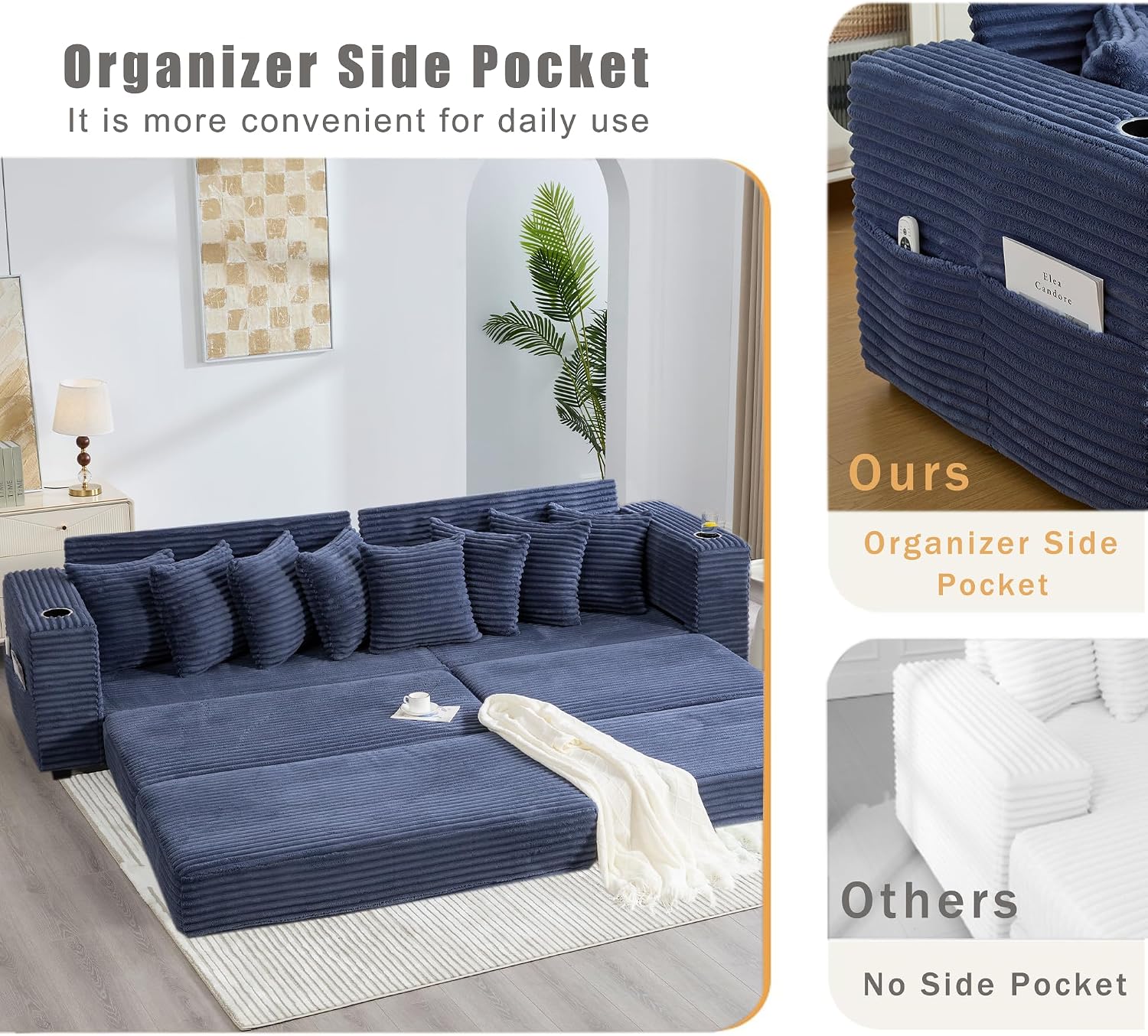 Modular Sectional Sofa Couch, 110.75" Convertible Sleeper Sofa Bed with Movable Ottoman & Cup Holder for Living Room | L Shaped Couch | Pull Out Couch Bed | Plush Corduroy Fabric, Blue