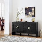 Mid Century Modern Sideboard Buffet Cabinet and TV Media Console 60 Inch with Geometric Pattern Adjustable Shelves Solid Wood Construction for Living Room Dining Room Kitchen (Black)