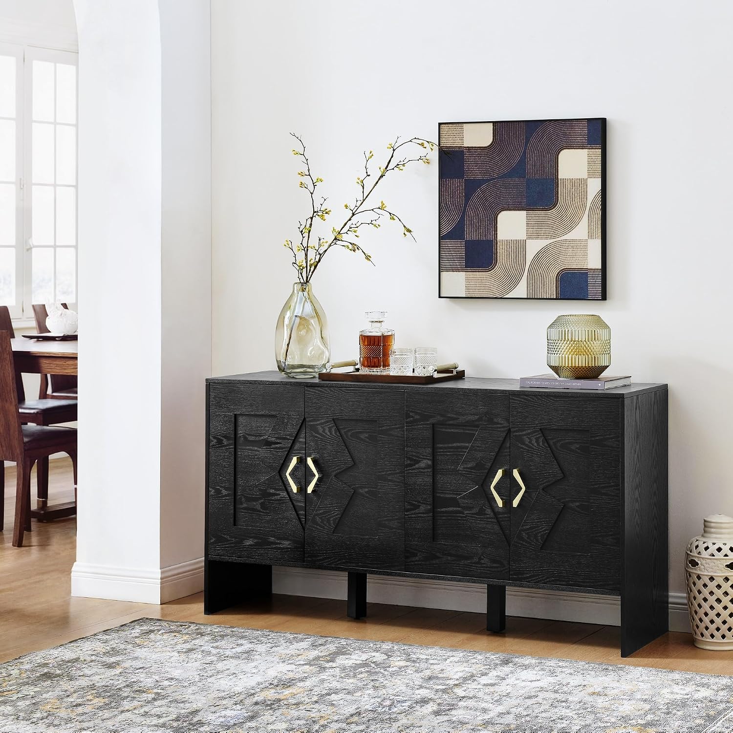 Mid Century Modern Sideboard Buffet Cabinet and TV Media Console 60 Inch with Geometric Pattern Adjustable Shelves Solid Wood Construction for Living Room Dining Room Kitchen (Black)