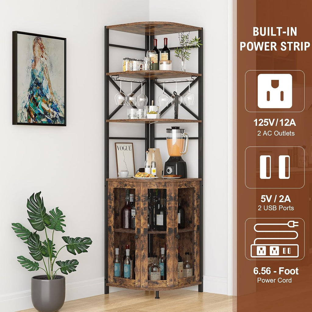 Wine Bar Cabinet with Power Outlet, 6-Tiers Industrial Wine Cabinet with LED Light and Glass Holder, Corner Wine Cabinet with Adjustable Shelf, Liquor Cabinet Bar for Christmas