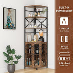 Wine Bar Cabinet with Power Outlet, 6-Tiers Industrial Wine Cabinet with LED Light and Glass Holder, Corner Wine Cabinet with Adjustable Shelf, Liquor Cabinet Bar for Christmas