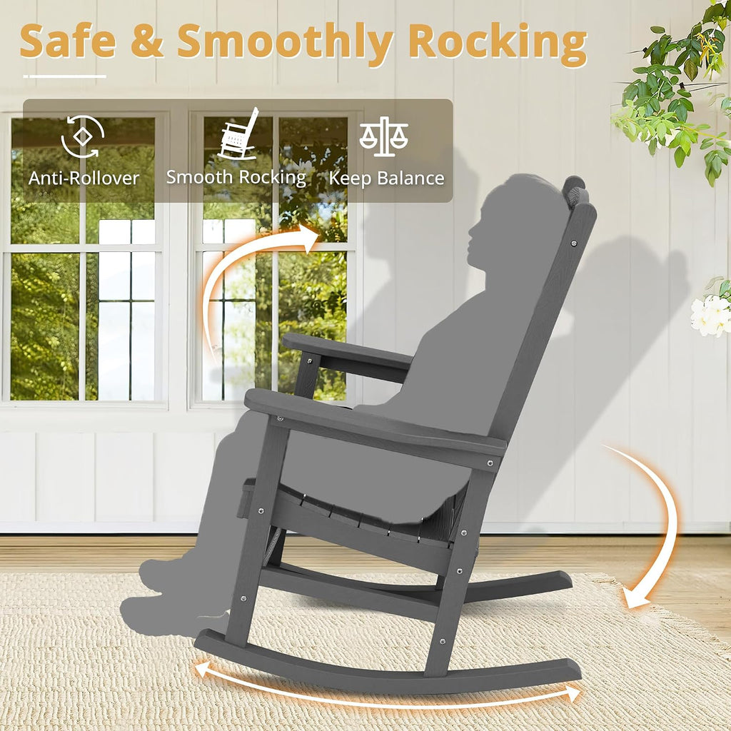 LUE BONA Outdoor Rocking Chair, HDPS Poly Rocking Chairs, All Weather Resistant Plastic Outdoor Indoor Porch Rocker, Heavy Duty Rocking Chair for Patio, Lawn, Garden, 300LBS, Dark Gray