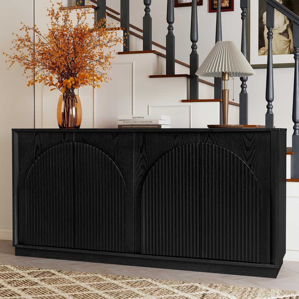 Real Relax 65 Inch Fluted Buffet Cabinet with Storage, Modern Symmetrical Arc Accent Sideboard Large Console Table for Living Room, Hallway, Entryway, 330LBS (Black)