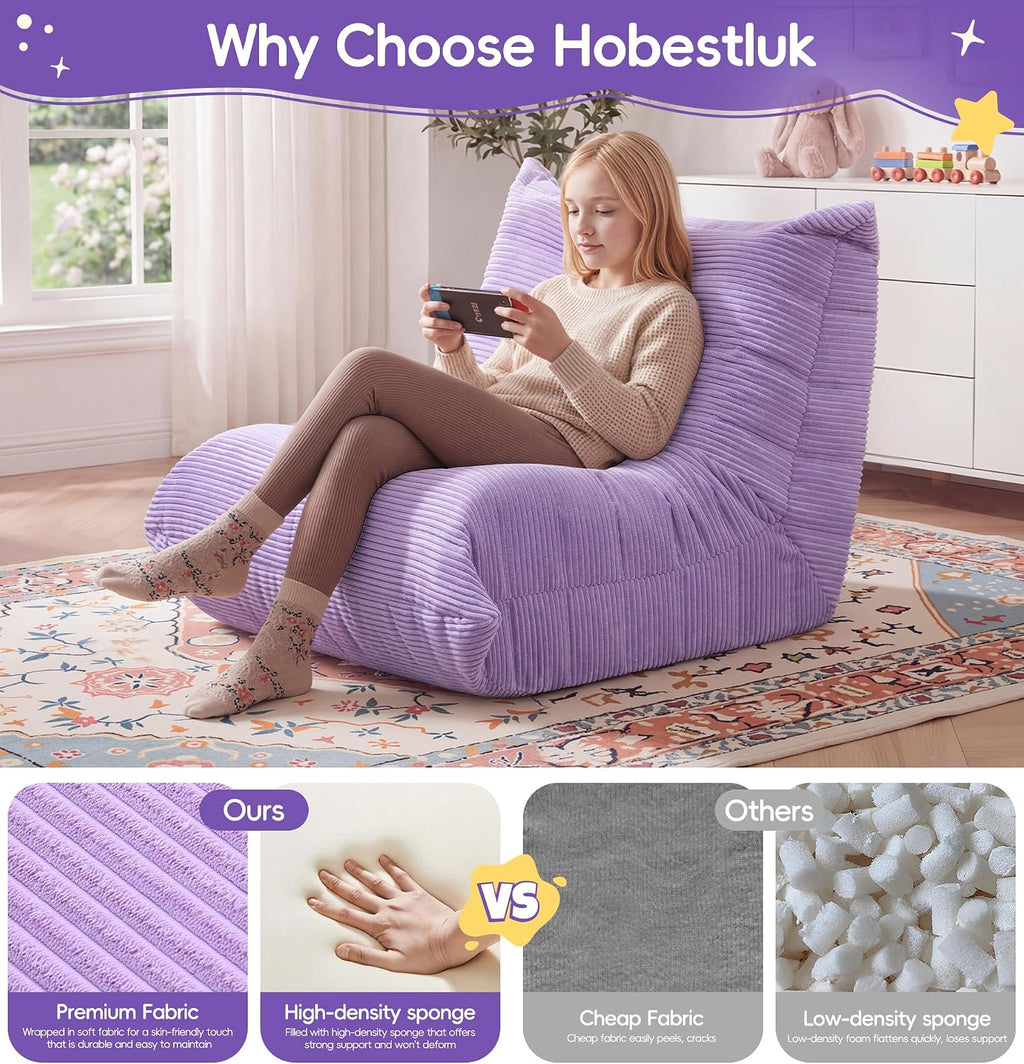 Hobestluk Large Bean Bag Chair for Teens Beanbag Couch with Spacious Design | Toddler Bean Bag Chair, Memory Foam Filler, Corduroy Cover, Ergonomic Design, For Reading, Gaming, Lounging, Large, Purple