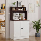 MHOM Farmhouse Bar Cabinet with Storage, Coffee Station Cabinet with 5 Hooks, Small Coffee Bar for Kitchen & Living Room, Antique White