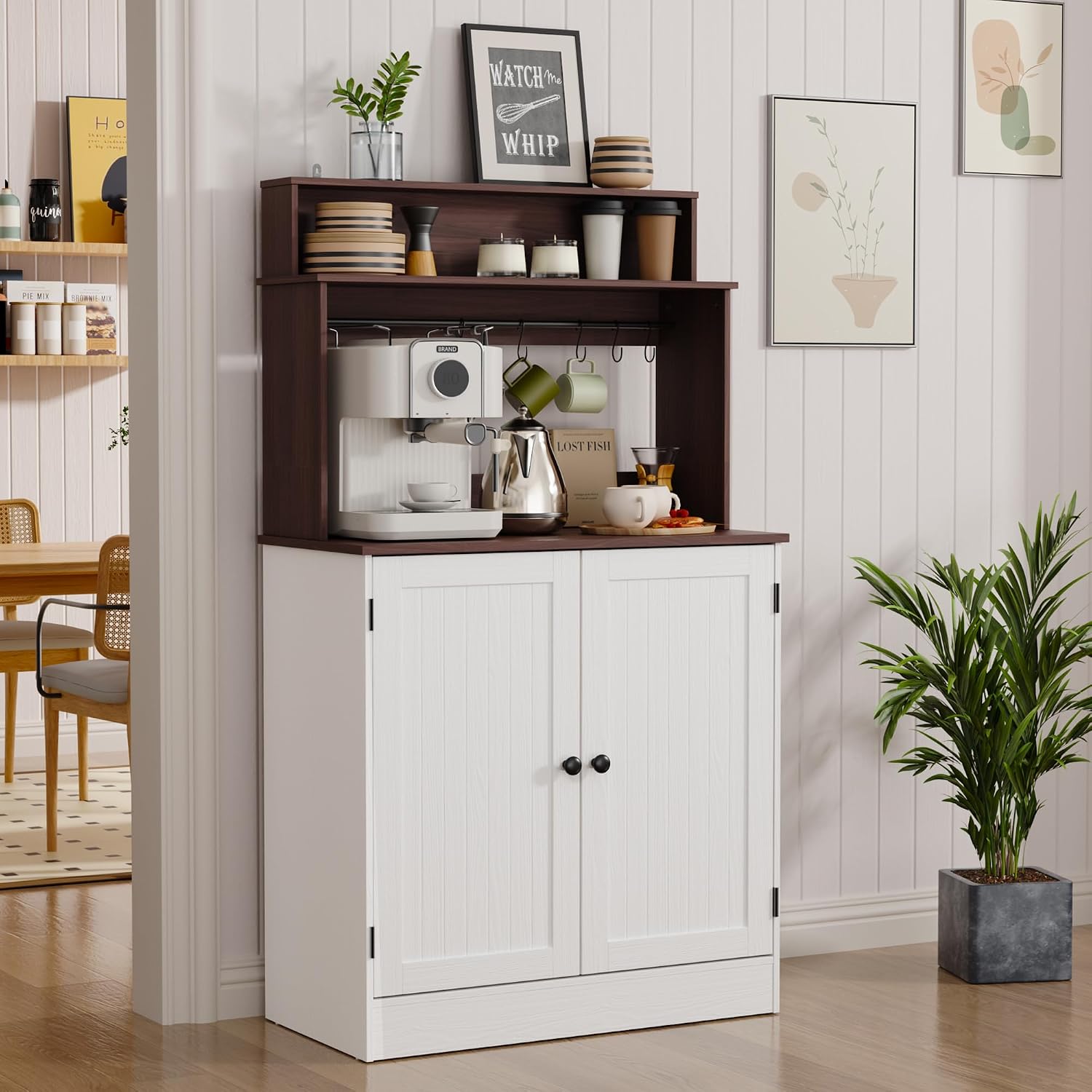 MHOM Farmhouse Bar Cabinet with Storage, Coffee Station Cabinet with 5 Hooks, Small Coffee Bar for Kitchen & Living Room, Antique White