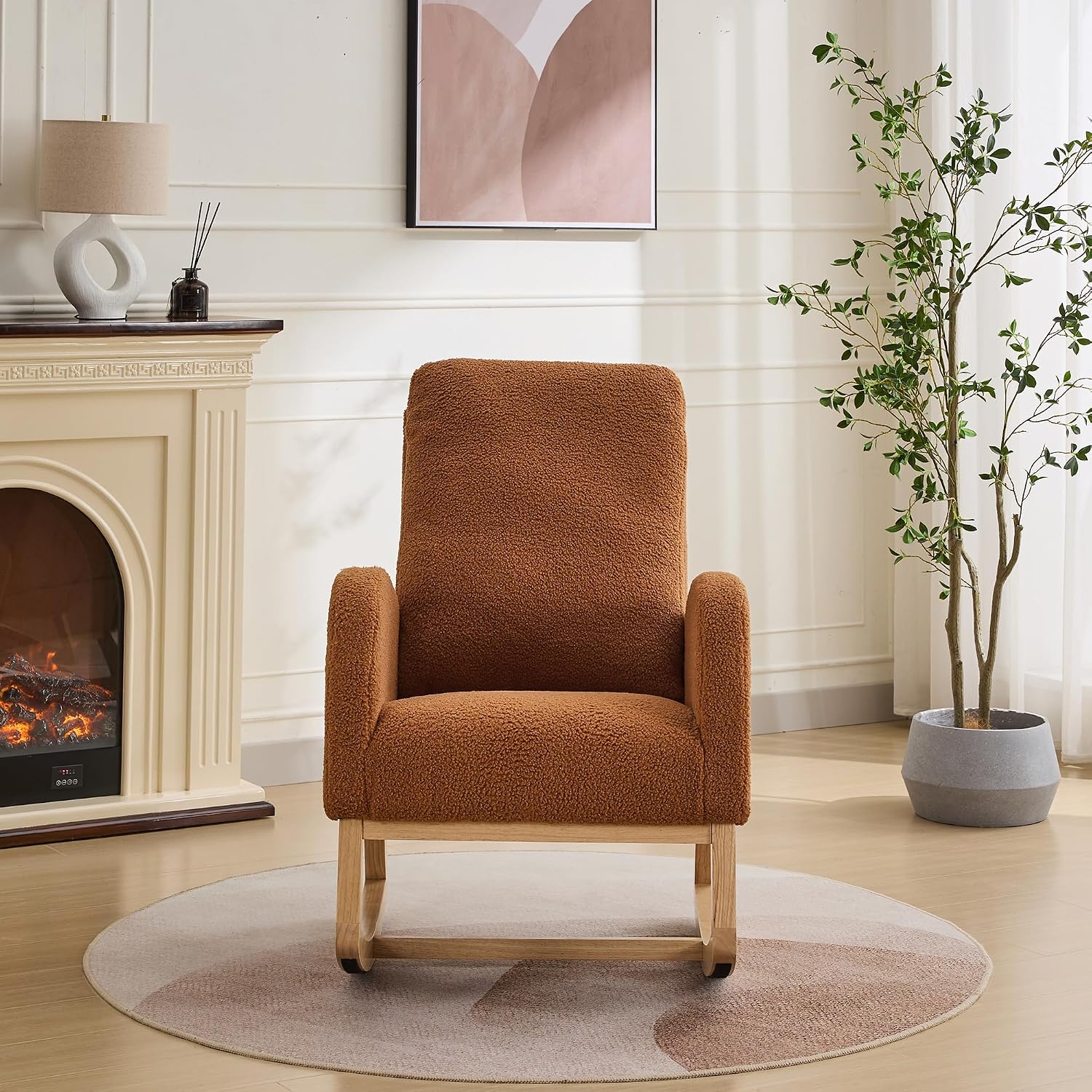 27.2" Rocking Chair for Nursery, Sherpa with Morden High Back and Side Pocket, Rocking Accent Armchair with Rubber Wood Legs for Living Room, Bedroom, Caramel