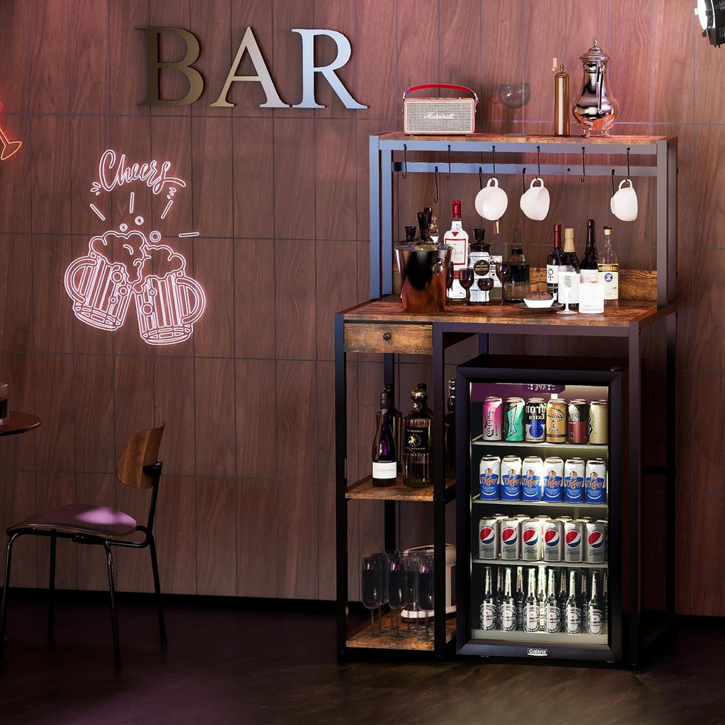 Mini Fridge Stand with Power Outlet & Storage, Rustic Microwave Stand Bakers Rack, Coffee Bar Cabinet for Kitchen, Dorm and Office