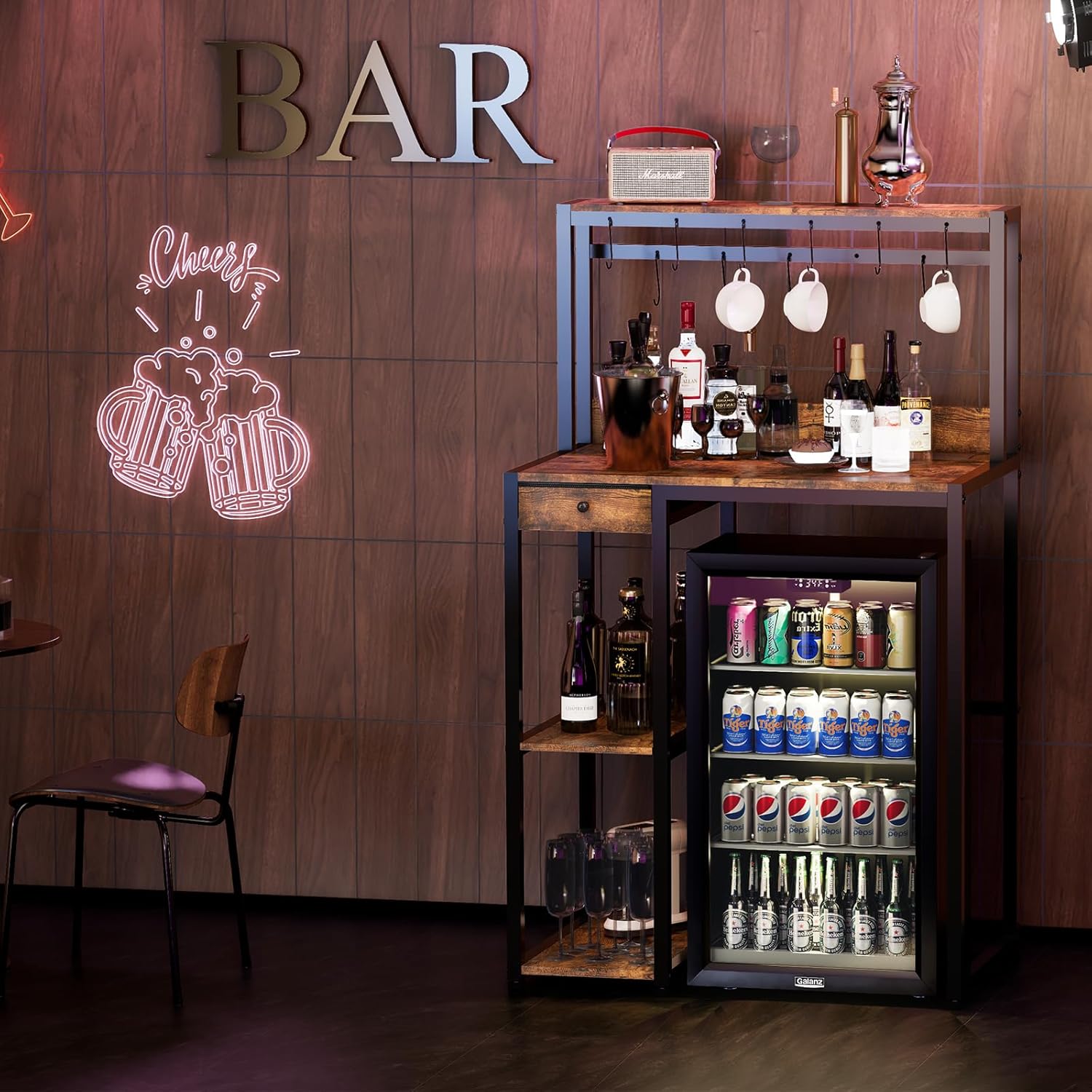 Mini Fridge Stand with Power Outlet & Storage, Rustic Microwave Stand Bakers Rack, Coffee Bar Cabinet for Kitchen, Dorm and Office