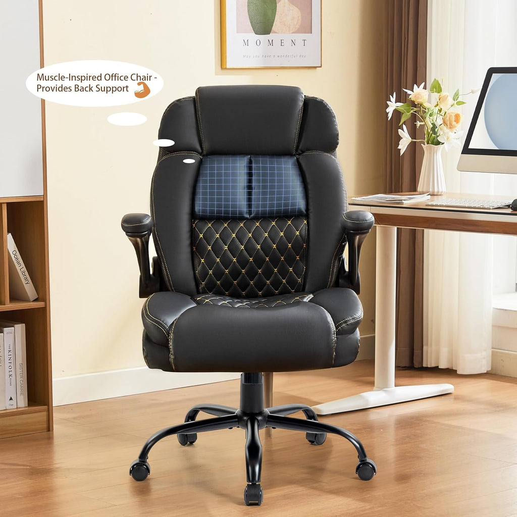 Massage Office Chair, 500LBS Ergonomic Rocking Executive Desk Chairs with 4 Points Vibration&Heat,Padded Flip-up Armrests for Big and Tall Office Chair,Swivel Computer Chair Thicken, PU Black