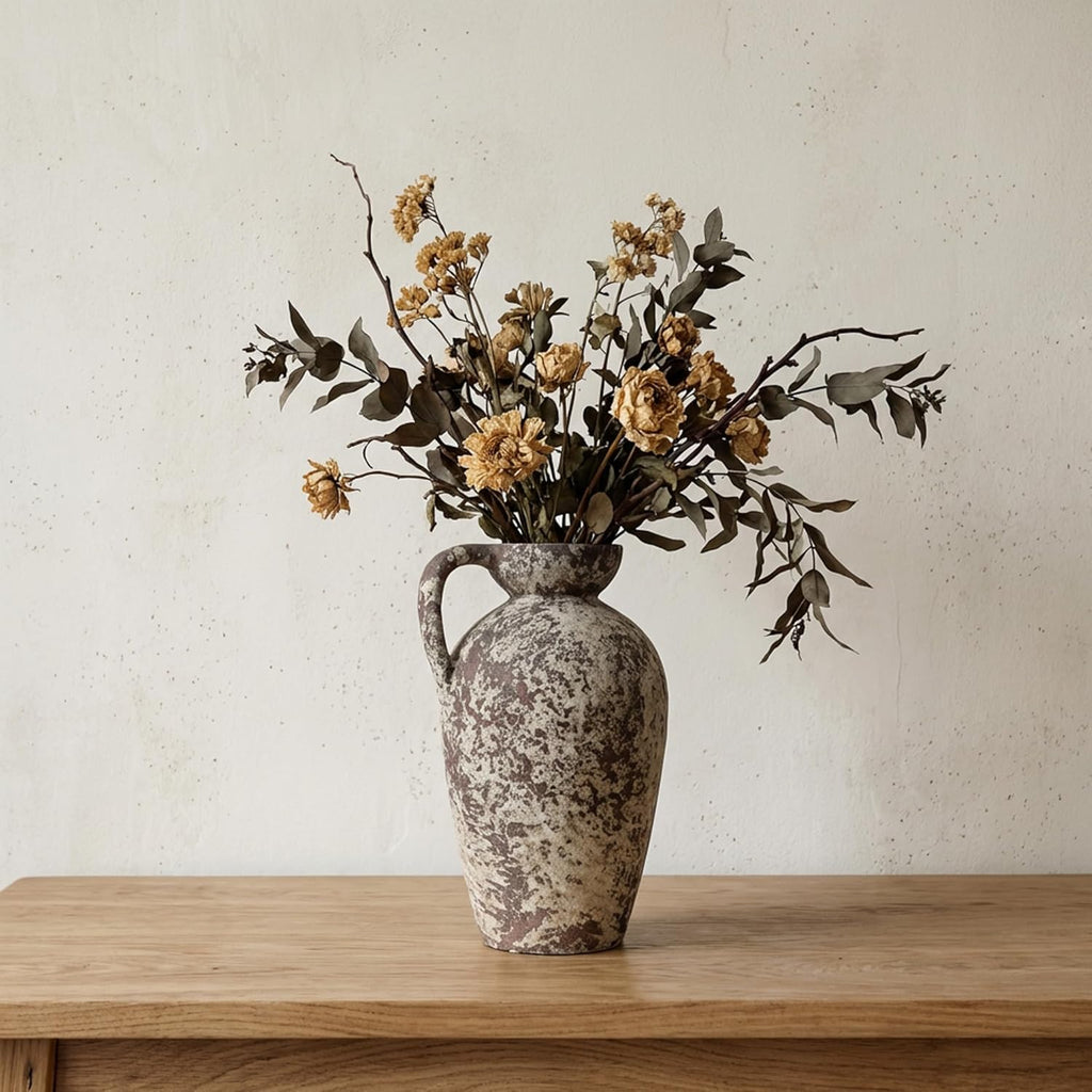 Brown Ceramic Rustic Farmhouse Vase Jug Pitcher with Handle, Distressed Antique Terracotta Pottery Flower Vase 14.2 Inch Handmade Large Floor Vintage Decorative for Home Living Room Decor
