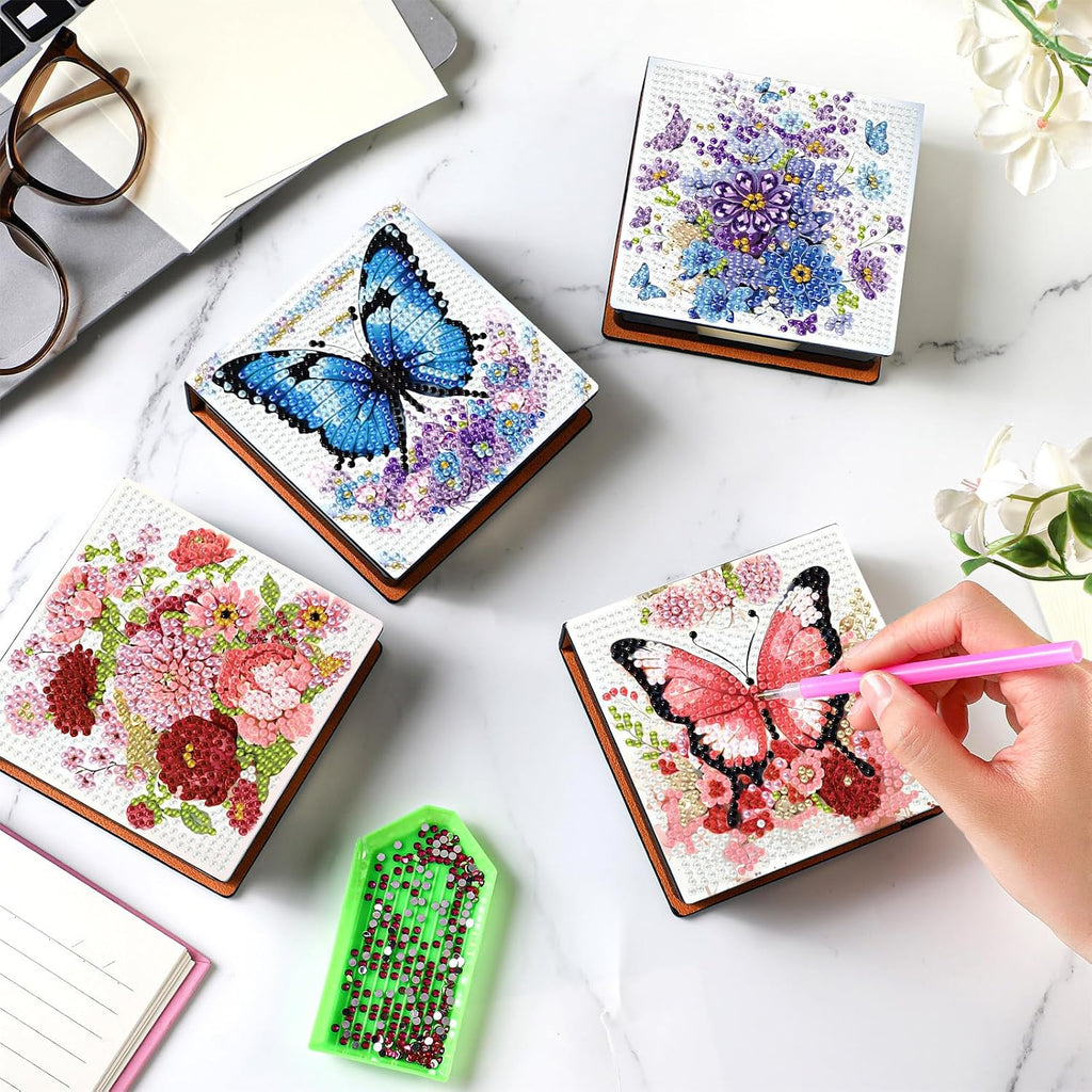 Saillong 4 Pcs Butterfly Diamond Painting Note Box Kit Flower Sticky Note Holders DIY Diamonds Art Storage Box with 160 Sticky Notes Painting Memo Pad for Office Supplies Desk Gifts