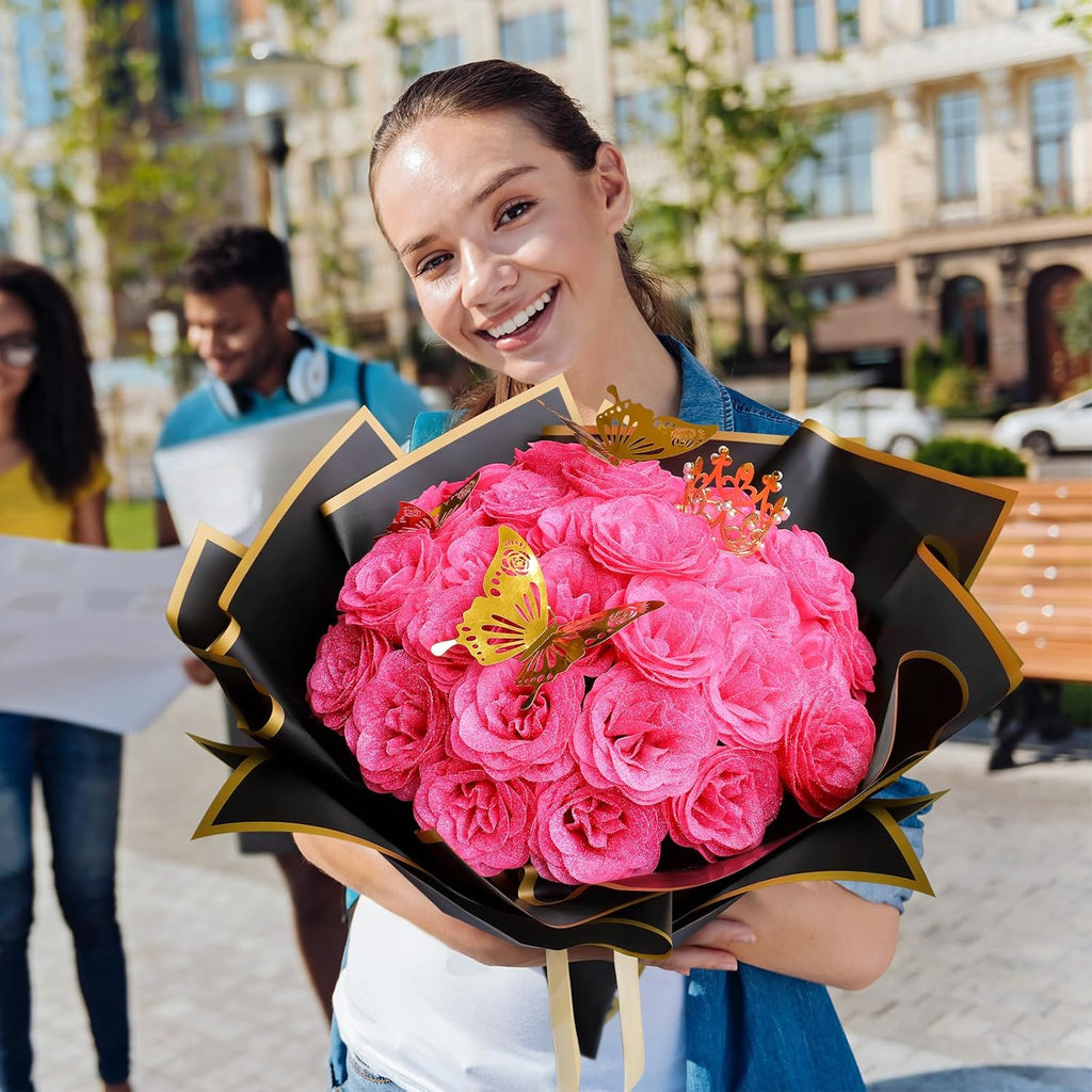 Glitter Rose Flower Bouquet, Fake Roses Bouquet 16 Pcs DIY Glitter Rose Bouquet Kits Birthday Gifts for Women Mom Mother's Day Anniversary Graduation - Hot Pink