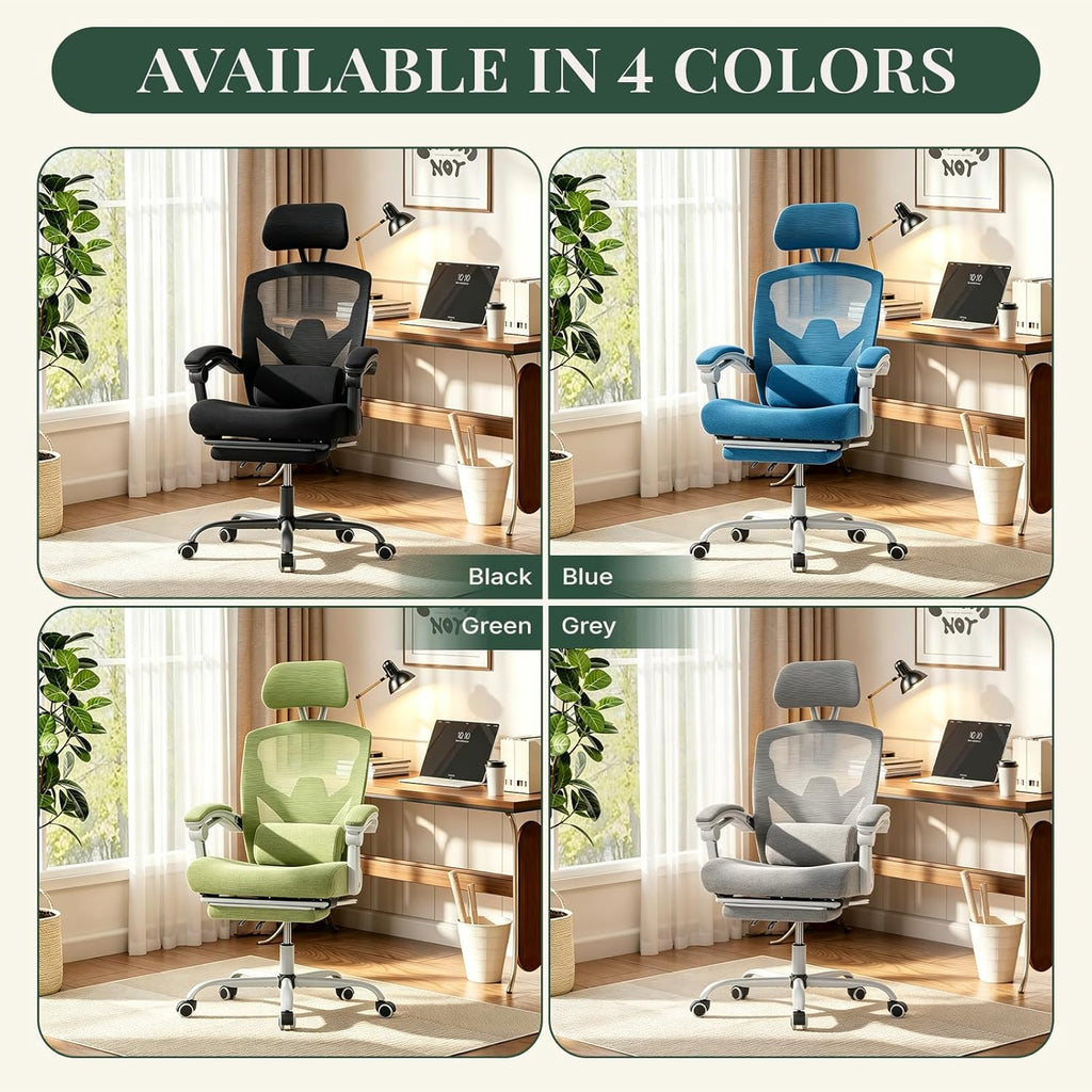 Ergonomic Office Chair with Footrest, High Back Home Desk Chair with Lumbar Support & Headrest, 90-135° Reclining Mesh Back Computer Chair with Wheels for Work, Gaming, Grey