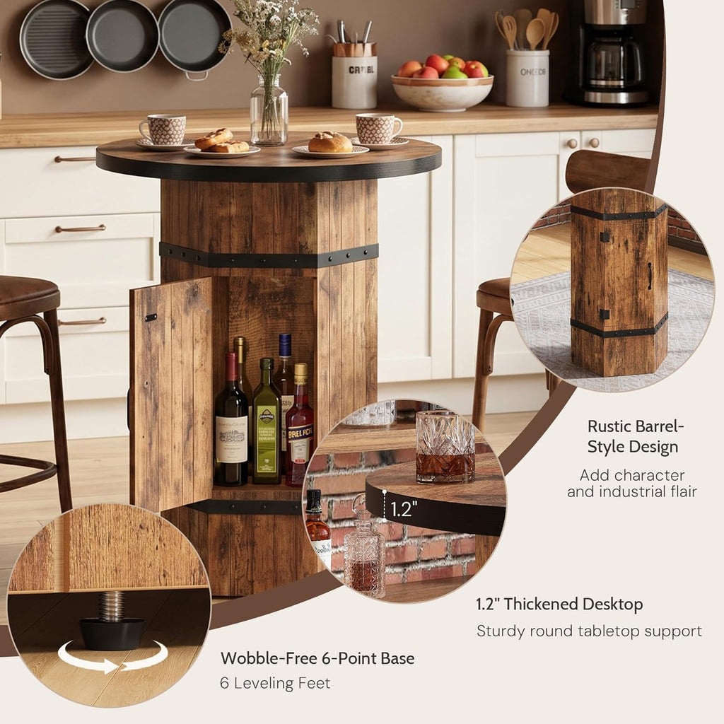 Round Bar Table with Hidden Storage, 39.4" H Bar Height Pub Table with Sturdy Barrel-Inspired Base, Rustic Industrial Bistro Cocktail Table for Pub, Kitchen, Home Bar, Apartment (Table Only)