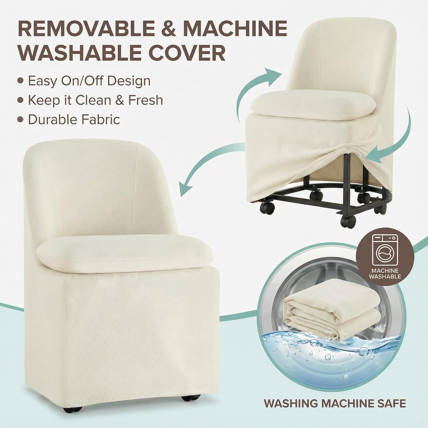 KISLOT Upholstered Dining Chairs Set of 2 with Hidden Casters, Modern Kitchen Chairs with Removable Washable Cover, Padded Dining Room Chairs with Chenille Velvet Fabric & Metal Frame, Beige