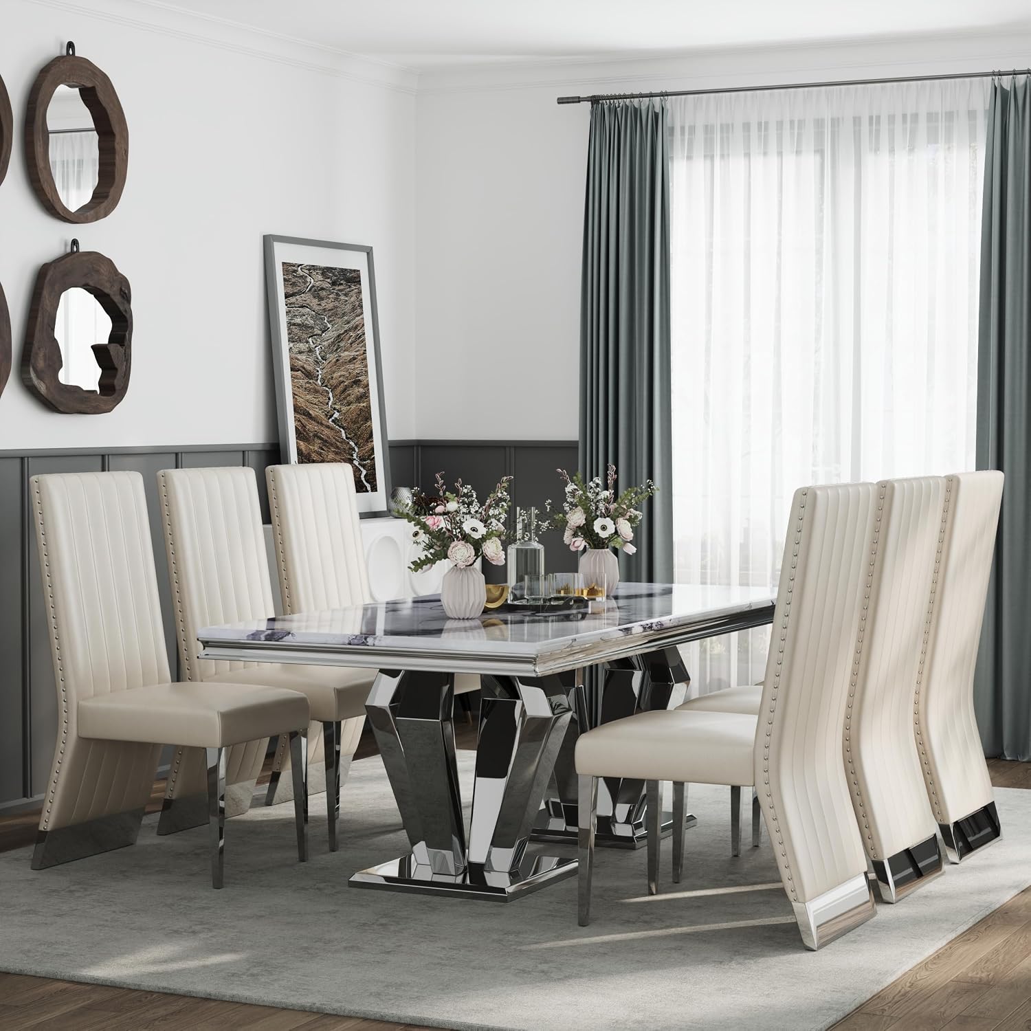 AUZ White Leather Dining Chairs Set of 6, White and Silver Upholstered Dining Room Chairs with Nailhead Trim High Back, Modern Dining Chair with Polished Silver Metal Legs