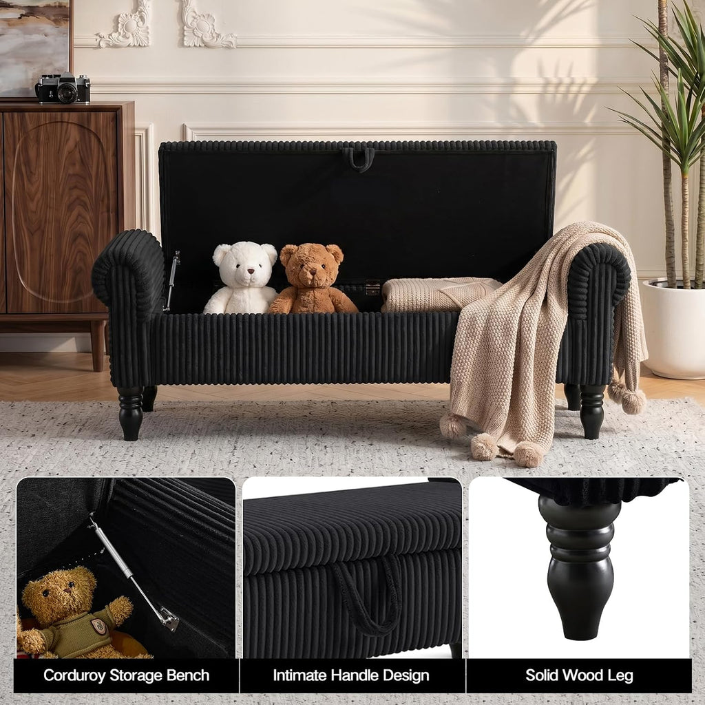 51.5" Corduroy Storage Bench, End of Bed Bench with Storage, Upholstered Bedroom Bench with Rolled Arm, Ottoman Bench for End of Bedroom, Living Room, Entryway (Black)