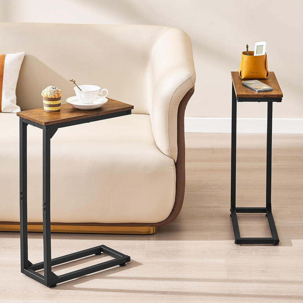 DALEMHOME C Shaped End Table, Couch Table That Slide Under, Small Side Table for Couch, Sofa and Bed, TV Trays Set of 2 for Small Space, Living Room, Bedroom, Bedside, Rustic Brown HKET1003-2BR