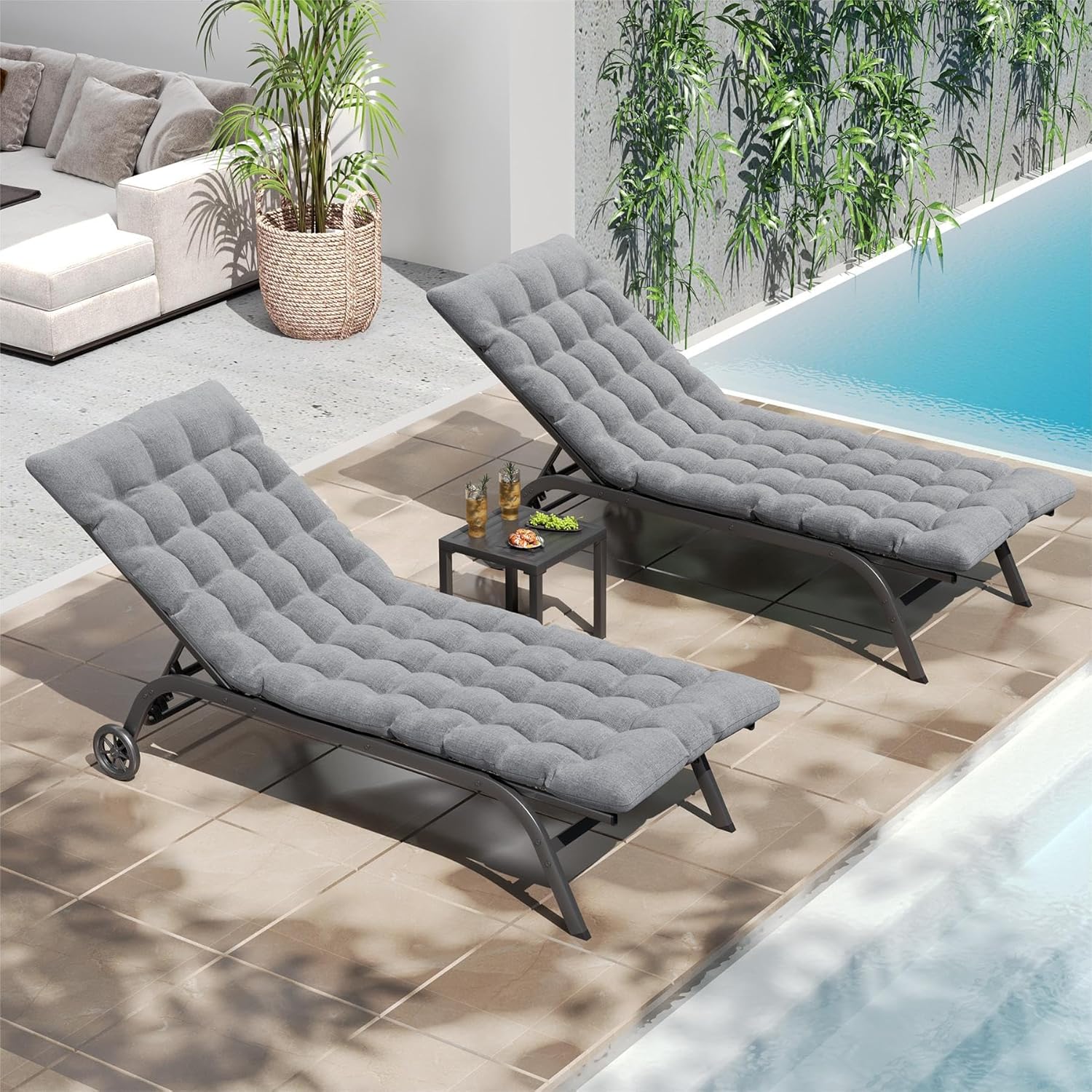 UDPATIO Aluminum Patio Lounge Chairs Set of 2 for Outside with Coffee Table Poolside Chaise Chair with Cushion for Sunbathing 5 Adjustable Position Backrest Outdoor Lounger with Wheels